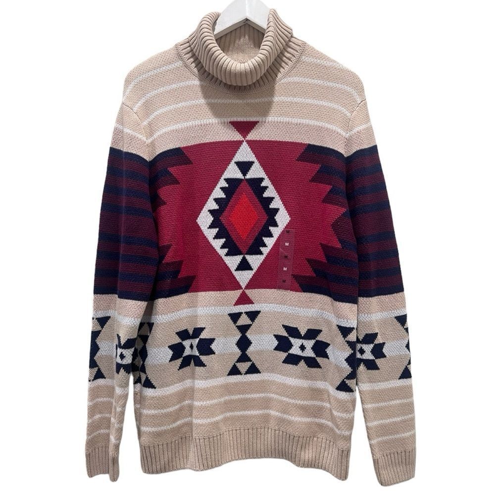 Unisex Aztec Tribal Fair Isle Turtleneck Beige Pullover Sweater - Picture 4 of 9